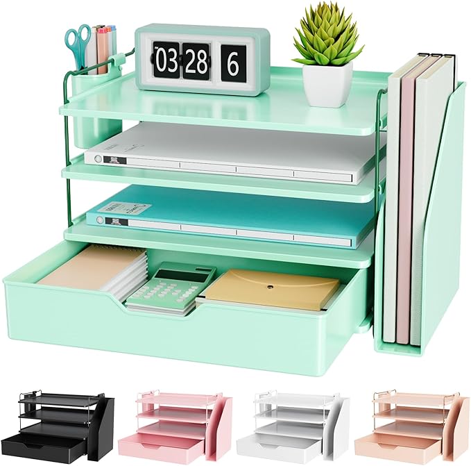 Kitsure Desk Organizer - 4-Tier Office Desk Accessories with Drawer ＆ Pen Holder, Tool-Free Assembly Organizer with Non-Slip Pads, for Office Supplies Storage, Plastic, 13.3" x 8.0" x 10.8", Green