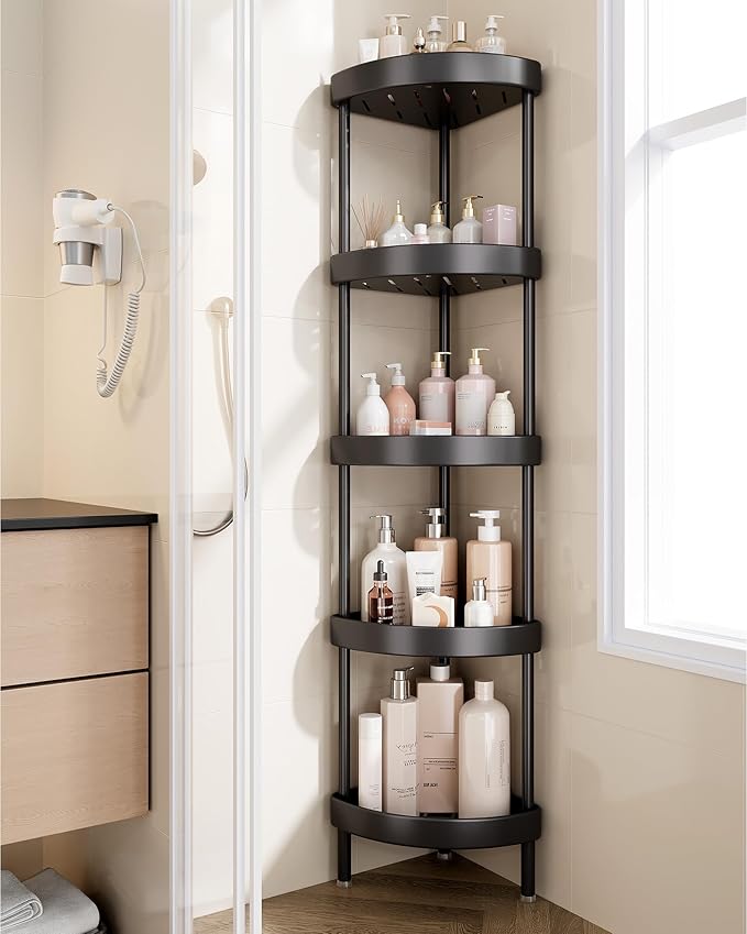 Nieifi Corner Shower Caddy Stand-5 Tier Rustproof Anodized Aluminum Standing Shower Organizer-Shower Caddy Corner-Dual Stability to Anti-Shaking-Height-Adjustable Legs for Uneven Surfaces-Black
