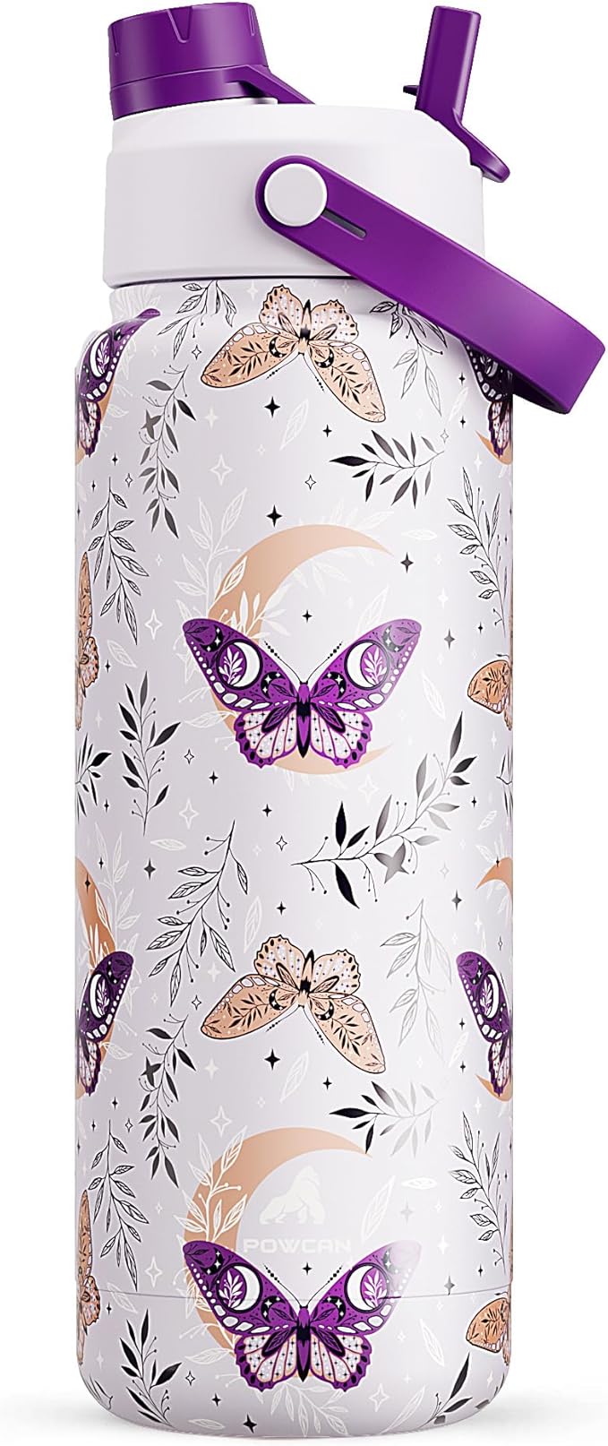POWCAN 32 oz Insulated Water Bottle with 2-in-1 Straw and Spout Lid, Keep Cold 24H, Leak-Proof, BPA-Free, Double Wall Stainless Steel Water Bottle for Sports, Gym, Travel and School (Moonleaf Flutter)