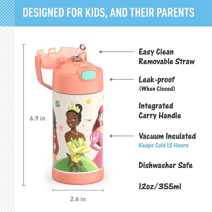 THERMOS FUNTAINER Water Bottle with Straw - 12 Ounce - Kids Stainless Steel Vacuum Insulated Water Bottle with Lid, Princesses