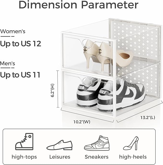 Pinkpum 18 Pack X-Large Shoe Storage Boxes Fit Size 12, Shoe Organizer for Closet Clear Plastic Stackable Shoe Dispaly Case Holder Bins, Sneaker Storage for Sneakerheads White