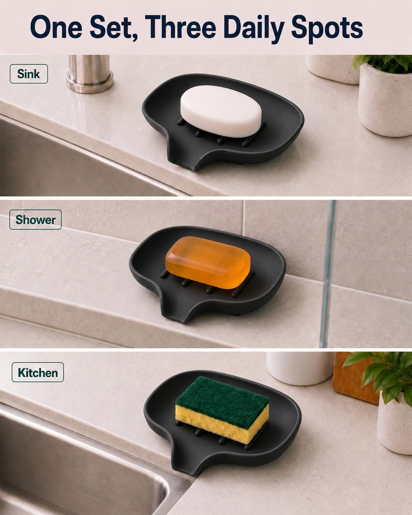 3 Pack Silicone Soap Dish for Shower, Bar Soap Holder with Drain Spout