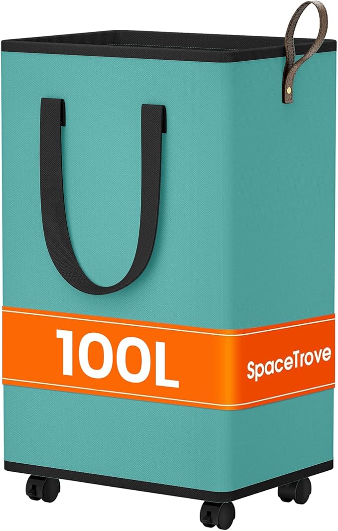 Laundry Basket with Wheels, Collapsible Laundry Baskets, Laundry Hamper with Handles Detachable Wheels, Rolling Laundry Basket, Dirty Clothes Hamper for Bathroom, Dorm, Bedroom, Green, 100L