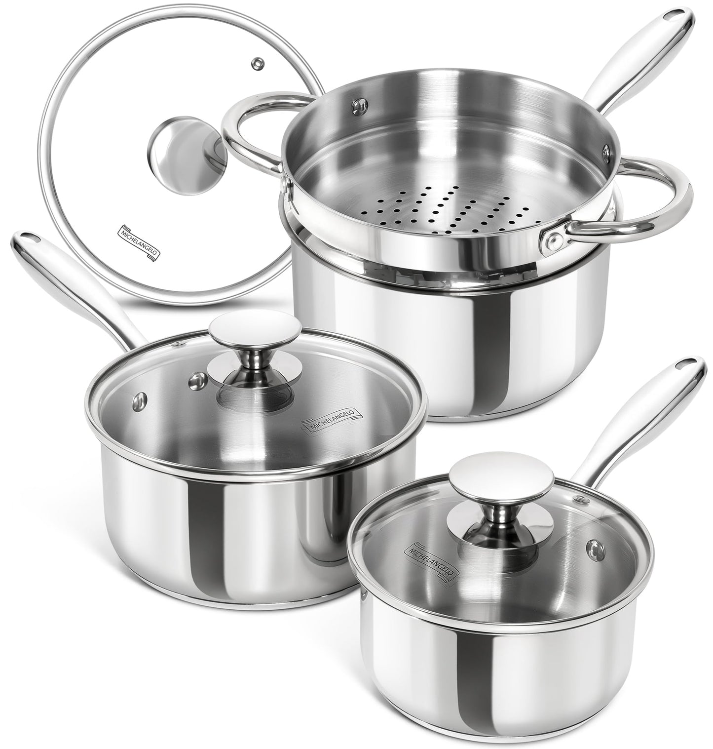 MICHELANGELO 3 Quart Saucepan with Lid & Steamer, Stainless Steel Sauce Pan with Triply Bottom, 3 QT Sauce Pot, Nonstick Saucepan Induction Compatible