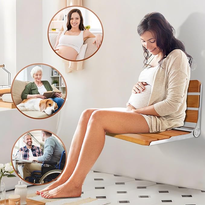 Foldable Shower Seat Wall Mounted, 18 Inchs Folding Shower Bench for Small Shower Spaces, 400lbs Max Load for Inside Shower