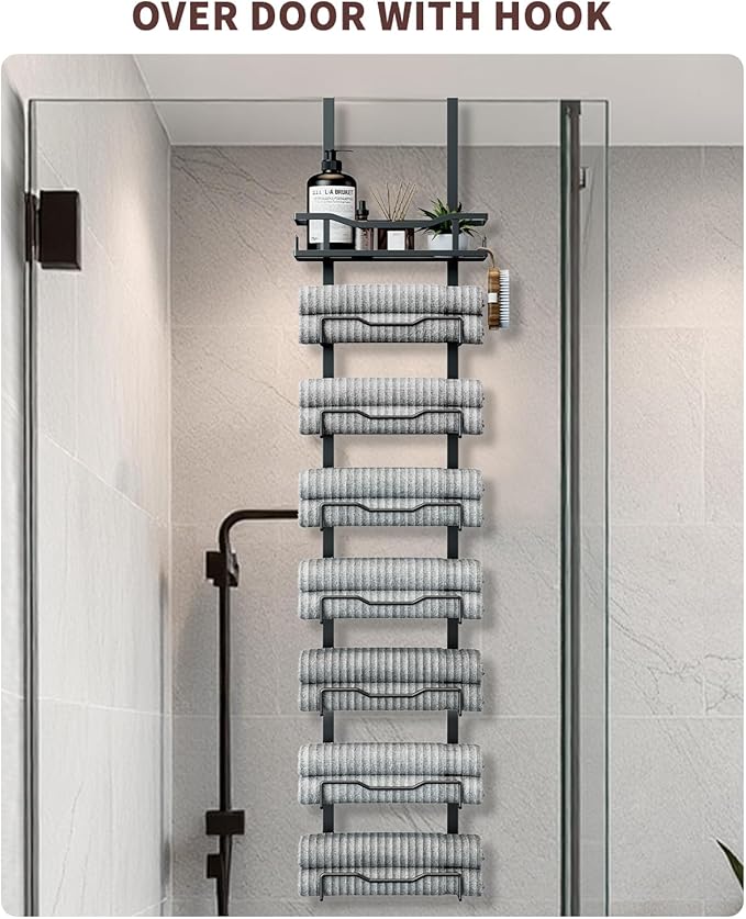Hanging Towel Racks for Bathroom No Drill - Over The Door 8-Tier Bath Towel Storage Organizer for Small Bathrooms - Back Door Large Tiered Towel Holder Hanger for Rolled Towels RV Camper BLACK
