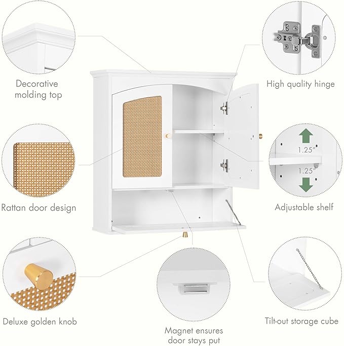 Spirich Bathroom Cabinet Wall Mount, Boho Medicine Cabinet for Bathroom, Over The Toilet Storage Cabinet with Rattan Doors and Tilt-Out Cube