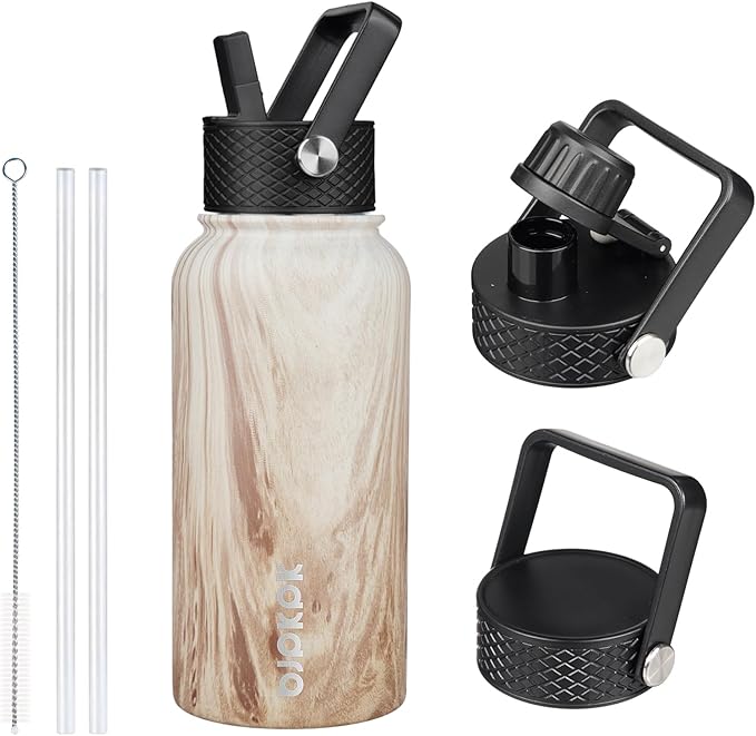 BJPKPK Insulated Water Bottles with Straw Lid, 27oz Stainless Steel Water Bottle with 3 Lids, Leak Proof BPA Free Metal Thermo, Mugs, Tumblers, Keep Cold Hot - Wood- Yellow Gray