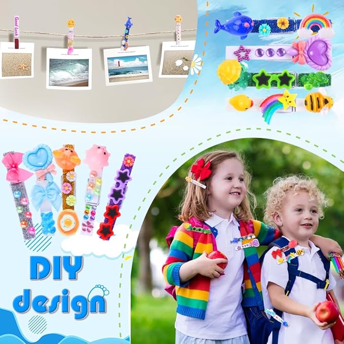 JOICEE 80 Set Cheer Pins Spirit Clips,Clothes pins Include 126 Mini Resin Animals Bows and Self Adhesive Stickers Pen 300 Beads Pearls for Backpacks Ribbon Team Classroom Cheer Gifts Bulk(White Wood)