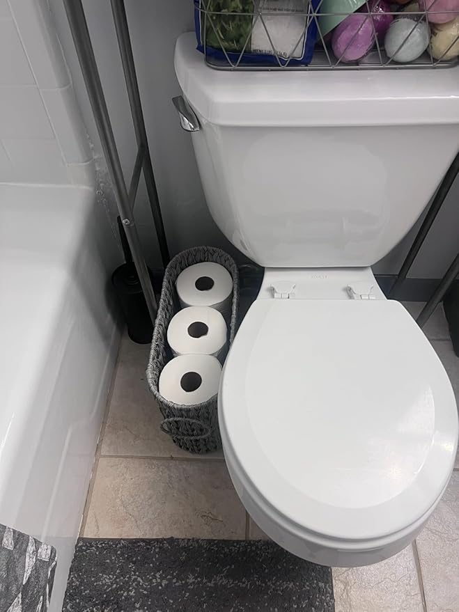 Toilet Paper Storage,Narrow Toilet Paper Basket for Bathroom,Large Toilet Paper Organizer for 6 Mega Rolls,Waterproof Wicker Bathroom Storage Basket,Free Standing,Grey