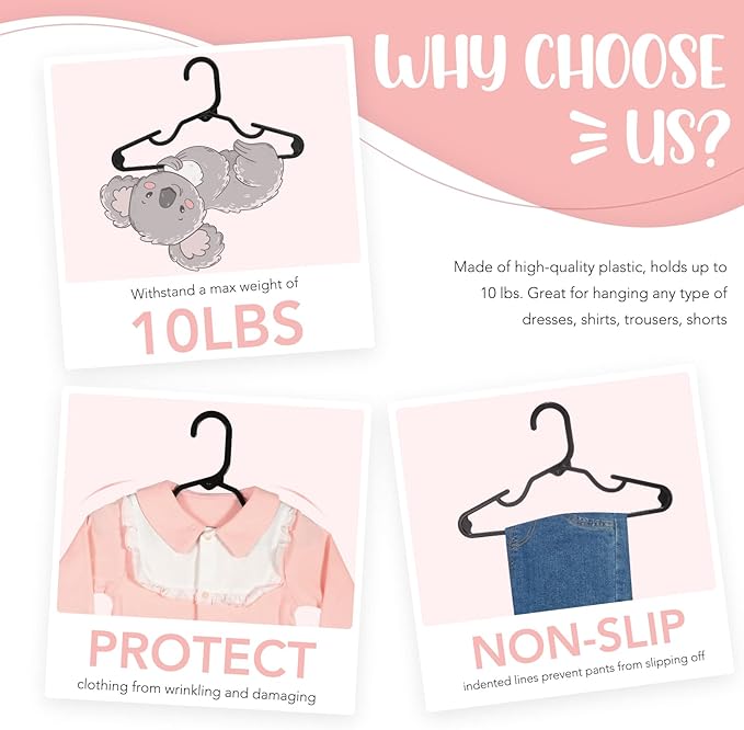 HOUSE DAY Plastic Baby Hangers for Closet 20 Pack, Durable Plastic Kids Hangers for Baby Clothes, Thin & Compact Childrens Hangers, Space Saving Black Baby Hanger, Small Hanger for Kids Clothes