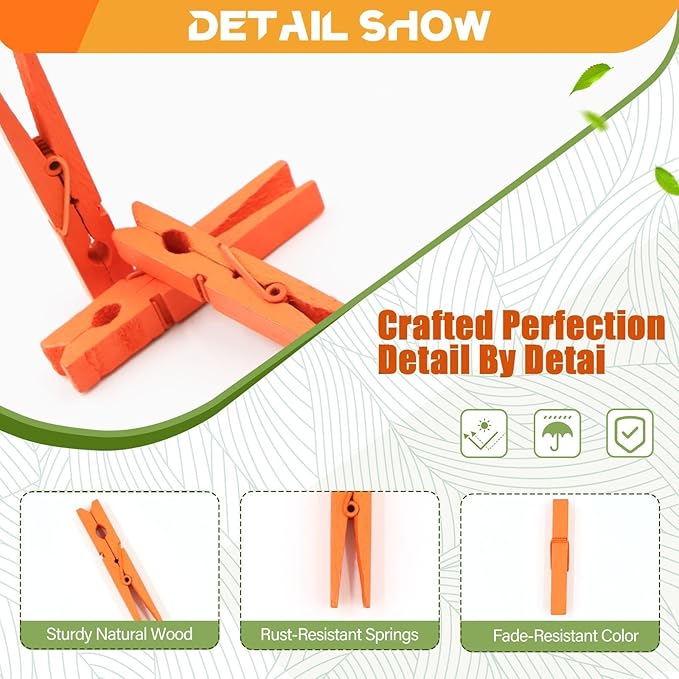 100 Pack Colored Clothespins Wooden 2.9 Inch, Orange Clothes Pins Wood, Clothing Pins Clips for Craft Pictures Classroom