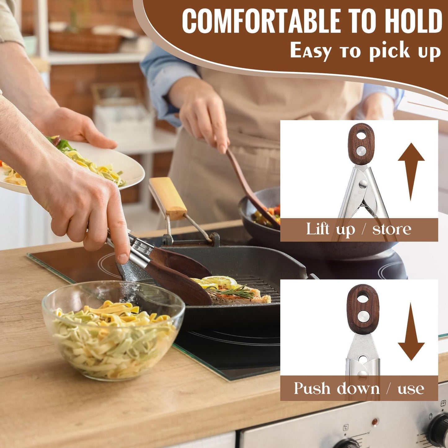 Baderke 2 Pcs Wooden Kitchen Tongs, 11.4 Inch, Olive Wooden