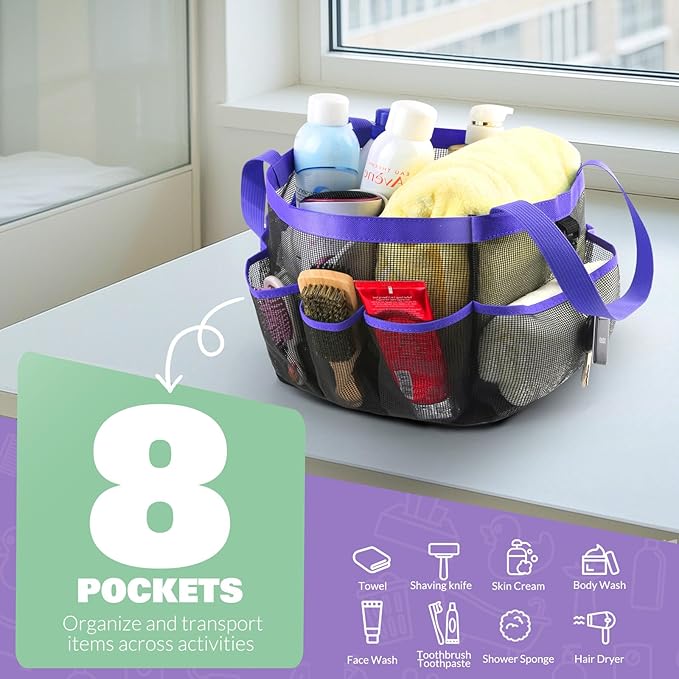 Mesh Shower Caddy Portable for College Dorm Room Essentials with 8 Pockets, Shower Bag for Beach, Swimming, Gym, Travel, Bathroom(Purple)