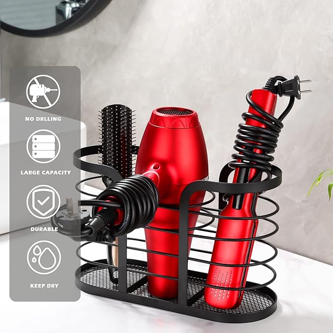 YIGII Hair Dryer Holder - Wall Mount/Adhesive Blow Dryer Holder Bathroom Organizer Hot Tools Organizer for Hair Dryer, Electric Shaver Black