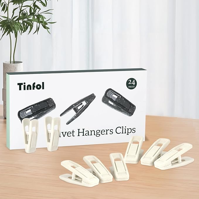 Tinfol Ivory Velvet Hanger Clips, 24 Pack Pants Velvet Clips, Large Opening Clip Clothes Pin, Strong Finger Flocked Clip Perfect for Slim-line Clothes Hangers