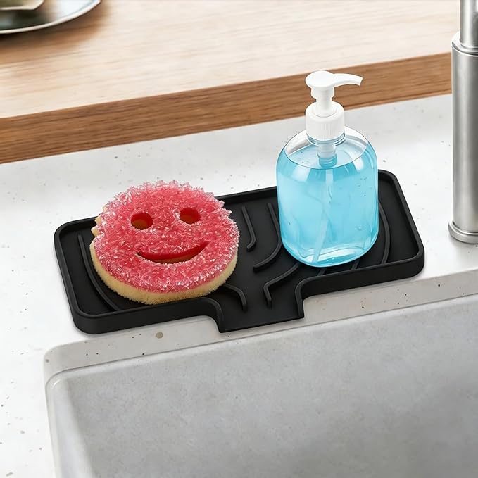 GUUKIN Sponge Holder for Kitchen Sink , 9.8"×4.9" Silicone Dish Drying Mat, Scrub Daddy Holder, Kitchen Sink Accessories, Suitable for Kitchens & Bathrooms (Black)
