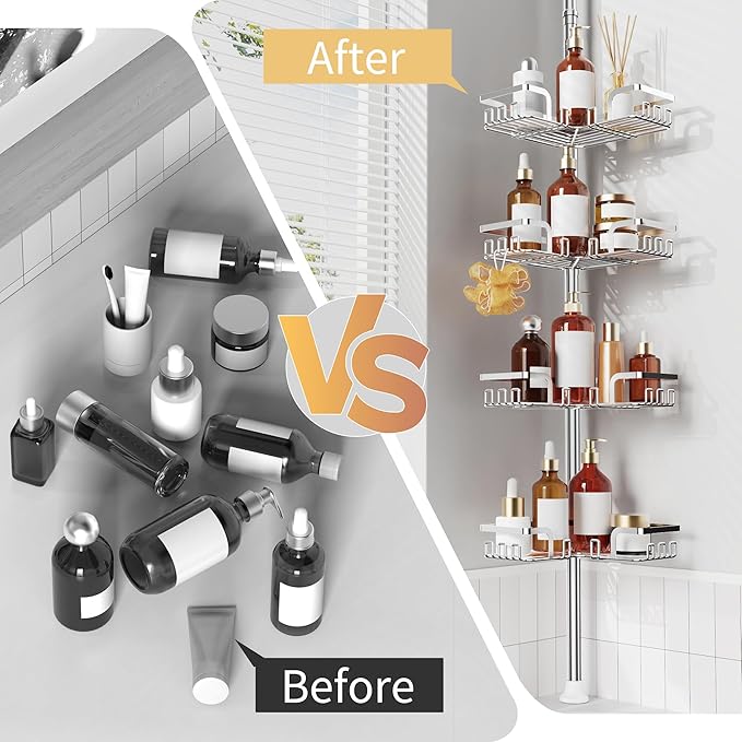 ZUNTO Shower Caddy Corner for Bathroom, Tension Pole, Adjustable 25in-114in Floor to Ceiling, Standing Shower Tension Rod Organizer, 4 Tier Bathroom Storage Shelves, Silver