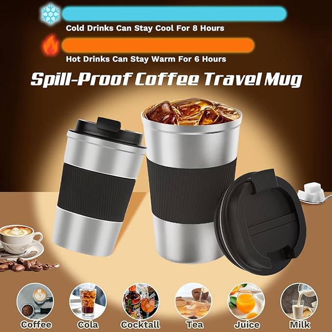 Vacuum-Insulated Stainless Steel Travel Coffee Mug, Leak-Proof Reusable Coffee Cup with Lid -Keep Hot & Cold Drinks for Hours, Durable Insulated Tumbler for Men & Women(3rd-Silver black, 17OZ)