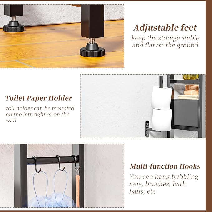 Simple Trending 4 Tier Over The Toilet Storage with Drawers, Heavy Duty Bathroom Stand Organizer Metal Shelves for Laundry, Black