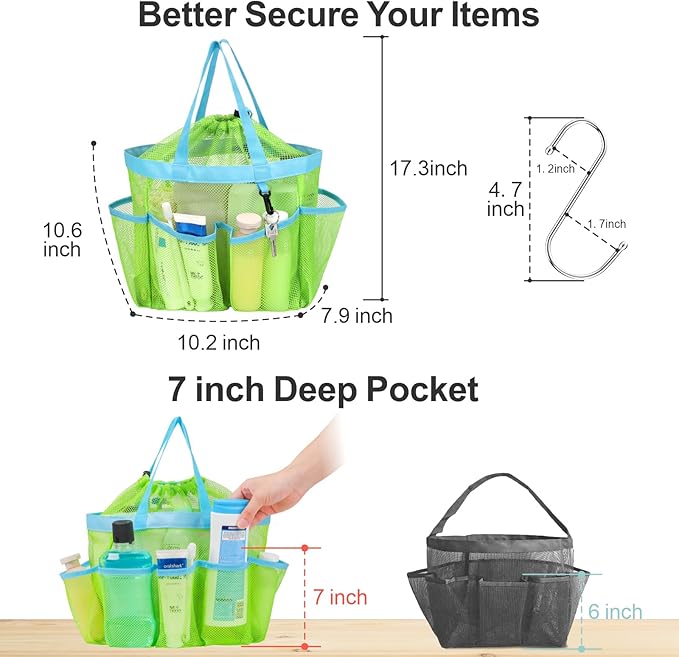F-color Mesh Shower Caddy Portable with Drawstring - Large 8 Pockets Dorm Room Essentials for Guys Girls with S Hook, Shower Bag Basket Tote for College Camping Gym Travel Toiletry Bathroom, Green