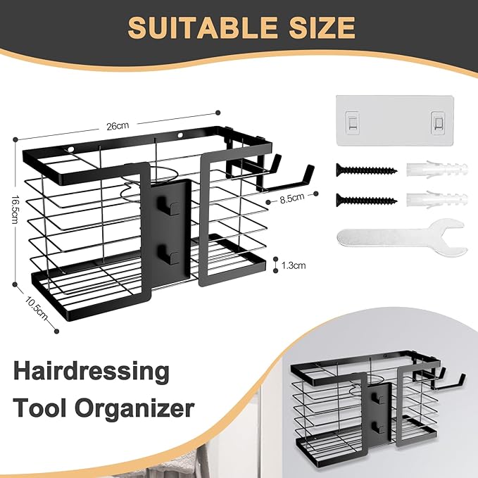 FUNKYLEE Hair Tool Organizer - Hair Dryer Holder, 3 in 1 Metal Bathroom Organizer Wall Mount for Flat Iron, Curling Iron, Straightener, Styling Tools Bathroom Storage and Organizer (Black)