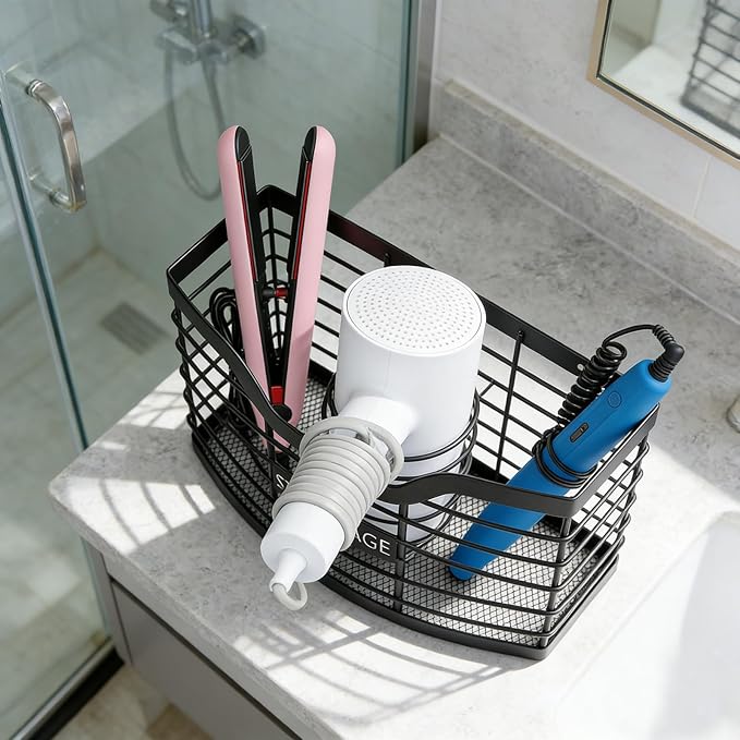Hair Tool Organizer, Stainless Steel Hair Dryer Holder for Dresser, Bathroom Countertop & Cabinet Door, Wall Mount Storage Basket for Holding Hairdressing Curler, Blow Dryers, Shaver, Comb
