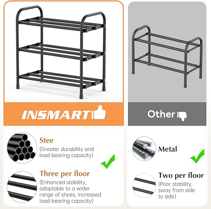 INSMART 3-Tier Expandable Shoe Rack, Stackable and Adjustable Shoes Organizer Storage Shelf, Sturdy and Durable Metal Structure Free Standing Shoe Rack for Closet Entryway Doorway