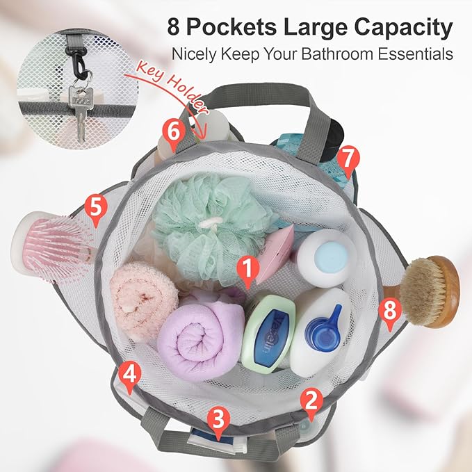 F-color Mesh Shower Caddy Portable with Drawstring - Large 8 Pockets Dorm Room Essentials for Guys Girls with S Hook, Shower Bag Basket Tote for College Camping Gym Travel Toiletry Bathroom, White