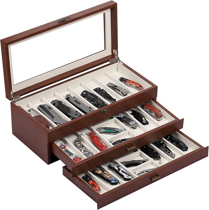 AUTOARK 3-Tier PU Leather & Velvet Knife Organizer with 26 Slots,Transparent Glass Top & Drawer,Compact Storage for Pocket Knives,Ideal for Men's Collections & Gifts,Black,MKAW016