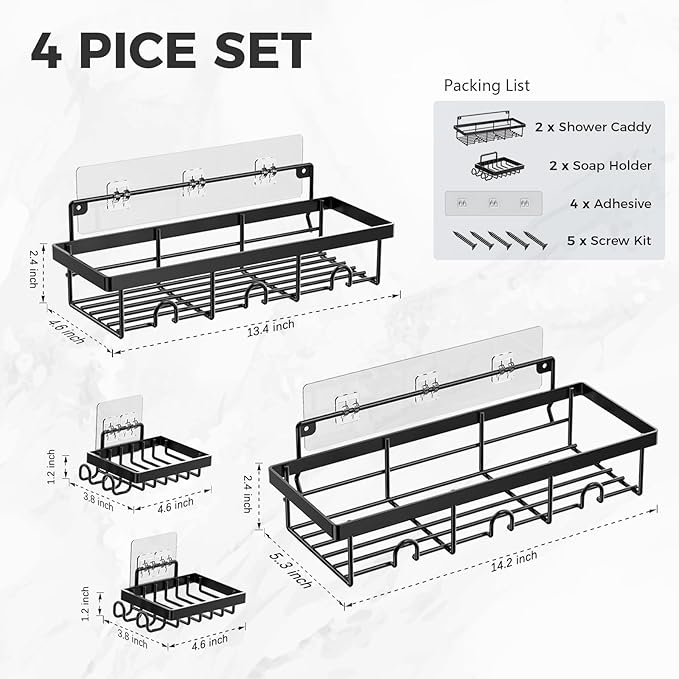 4-Pack Adhesive Shower Caddy - Rustproof Stainless Steel Shower Organizer - Large Capacity No-Drill Shower Shelves for Inside Shower Storage - Versatile Wall Mount Rack for Bathroom & Kitchen (Black)