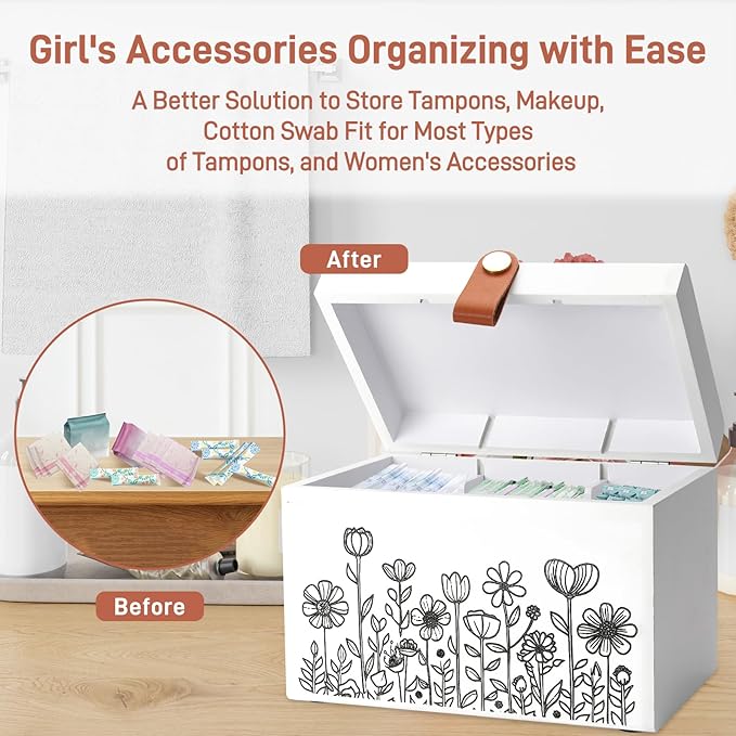 100% Solid Wood Tampon Holder Box with Lid, Copper Leather Pull, Absolute Real Wood Bathroom Decorative Box for Feminine Product Storage and Accessories such as Tampons, Cotton Balls, Gifts for Women