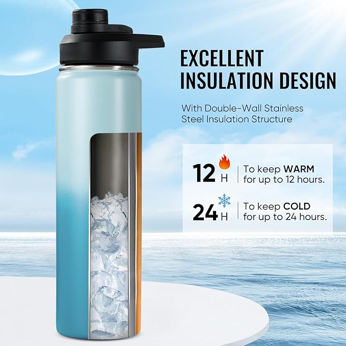 24 oz Insulated Water Bottle with Handle, 307 Stainless Steel Water Bottles with Wide Mouth, Double Wall Vacuum Sports Water Bottle, BPA Free, Keep Cold and Hot, Coastal Fade