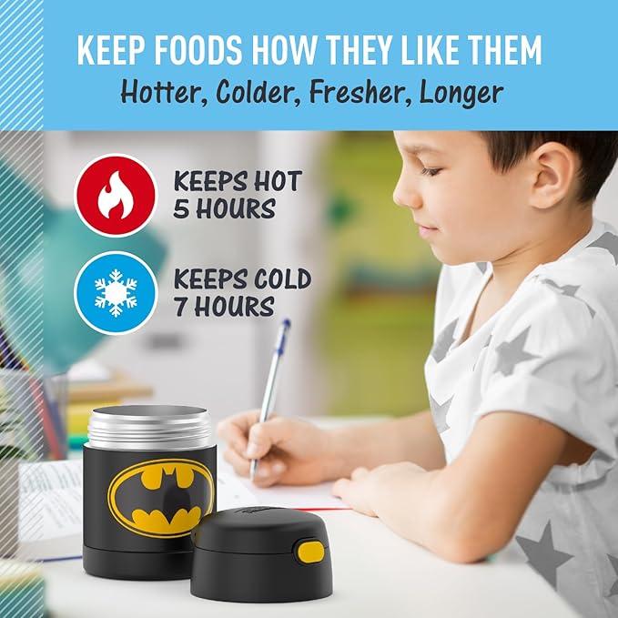 THERMOS FUNTAINER Insulated Food Jar, 10 Ounce, Kid Friendly Food Jar with Foldable Spoon, Batman