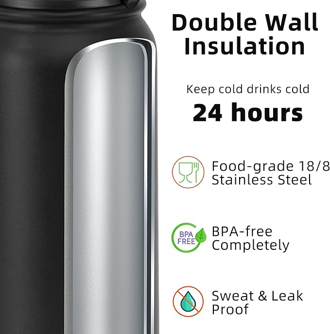Fanhaw 32 oz Insulated Stainless Steel Water Bottle with Anti-Dust Chug Lid, Leakproof Vacuum Sports Bottle for Men & Women (Black)