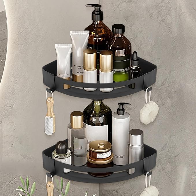 NearMoon Bathroom Corner Shelf Shower Caddy 2 Pack, No Drill 304 Stainless Steel Shower Organizer with 2 Hooks (Matte Black)