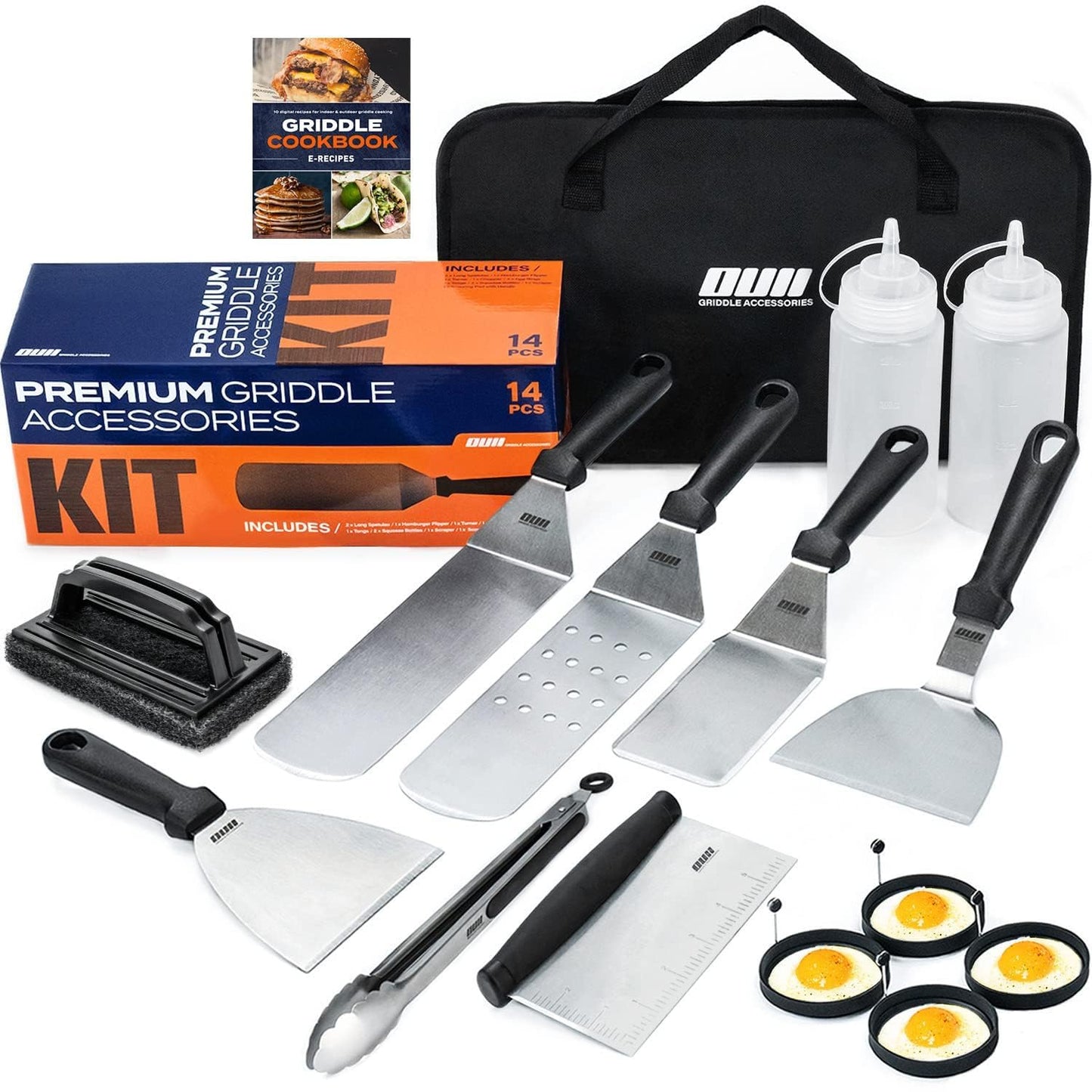 OUII Flat Top Griddle Accessories for Blackstone and Camp Chef Griddle - 9 Pieces Set with Griddle Cleaning Kit and Carry Bag! Metal Spatula, Scraper for Hibachi and Teppanyaki Grill