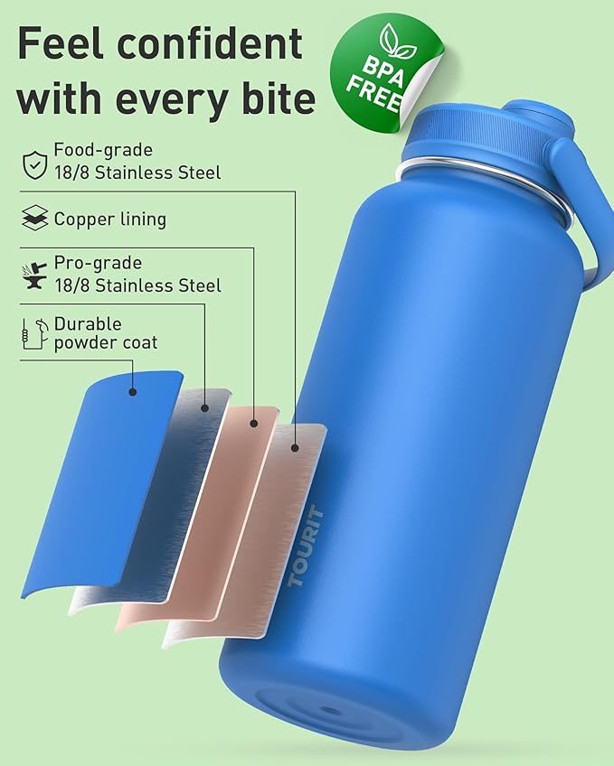 TOURIT 32 oz Insulated Water Bottle, Stainless Steel Sports Water Bottles With Top Handle, Double-Wall Travel Thermal Water Flask, BPA Free Leakproof Water Bottle for Sports and Travel,Blue Voilet