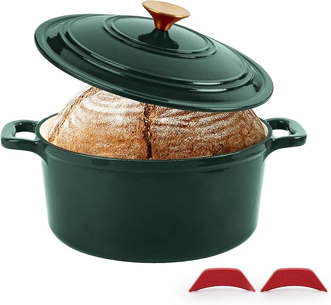 Tastedeli Enamel Cast Iron Dutch Oven with Lid, Round Casserole Pot for Bread Baking, Braising, Roasting, and Stews, Heavy-Duty, Oven Safe, Induction Compatible (4.7QT,Green)