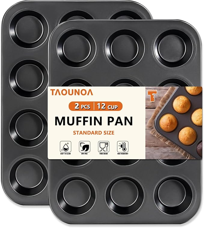 TAOUNOA Muffin Tin, 12-Well Nonstick Cupcake Pan Set of 2, Heavy Duty Steel Muffin Pan