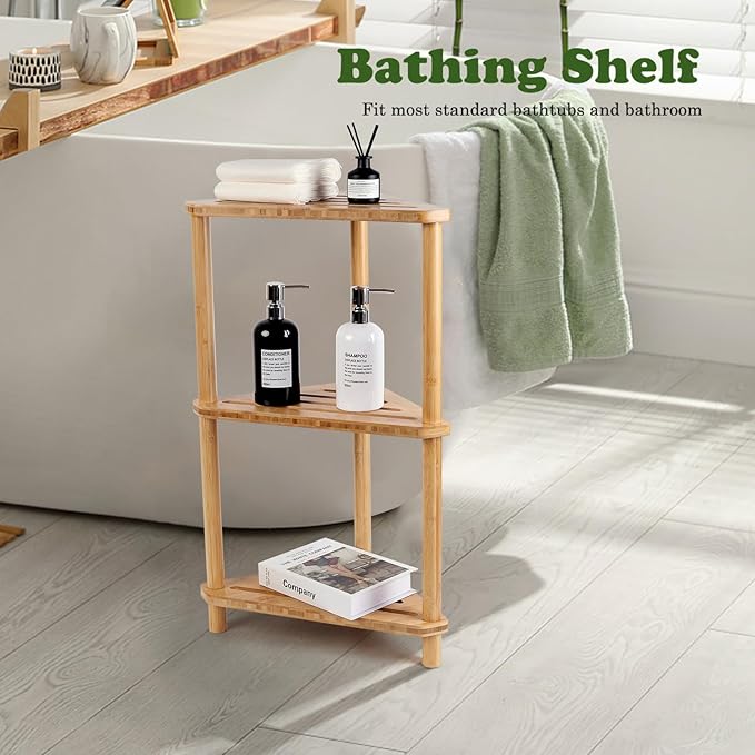 Bamboo Corner Shower Caddy Stand 3-Tier Waterproof,Free Standing Bathroom Corner Shelf Shower Stool Organizer for Inside Shower,Space-Saving Storage Shower Shelves with Anti-Slip Feet