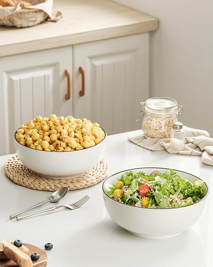Dafuceramic Salad Bowls, 120 OZ(10") Large Serving Bowls Set of 2, Ceramic White Serving Bowls for Salad, Soup, Pasta and Dinner, Large Porcelain Bowl Set for Entertaining with Black on the Rim