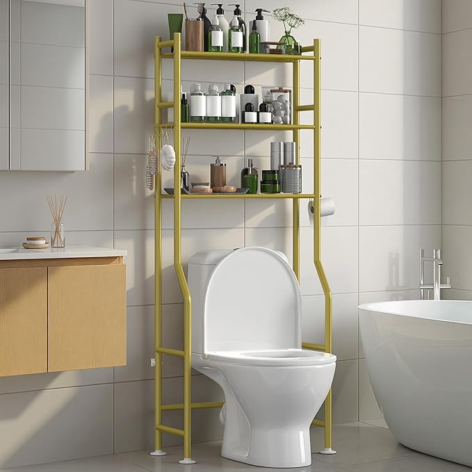 3-Tier Over The Toilet Storage with Paper Holder, Metal Bathroom Organizers and Storage for Small Space, Freestanding Bathroom Shelves with 4 Hooks, Above The Toilet Storage Shelf (Gold)