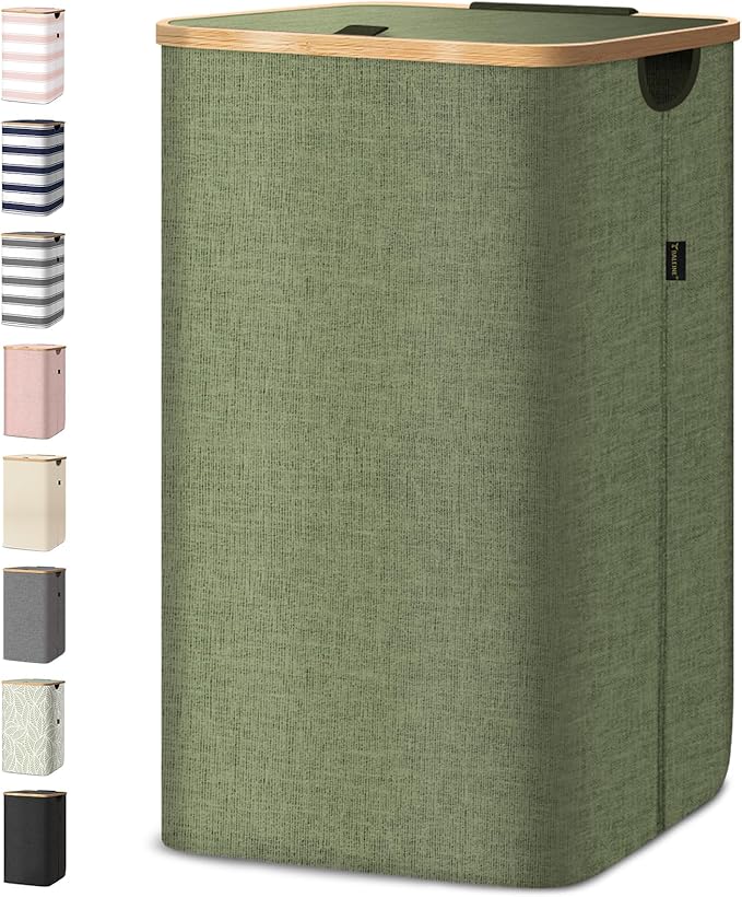 BALEINE Laundry Hamper with Lid, Tall Laundry Baskets with Bamboo Pull Handles, Large Laundry Bin with Internal Support (18 Gal/70L, Green)