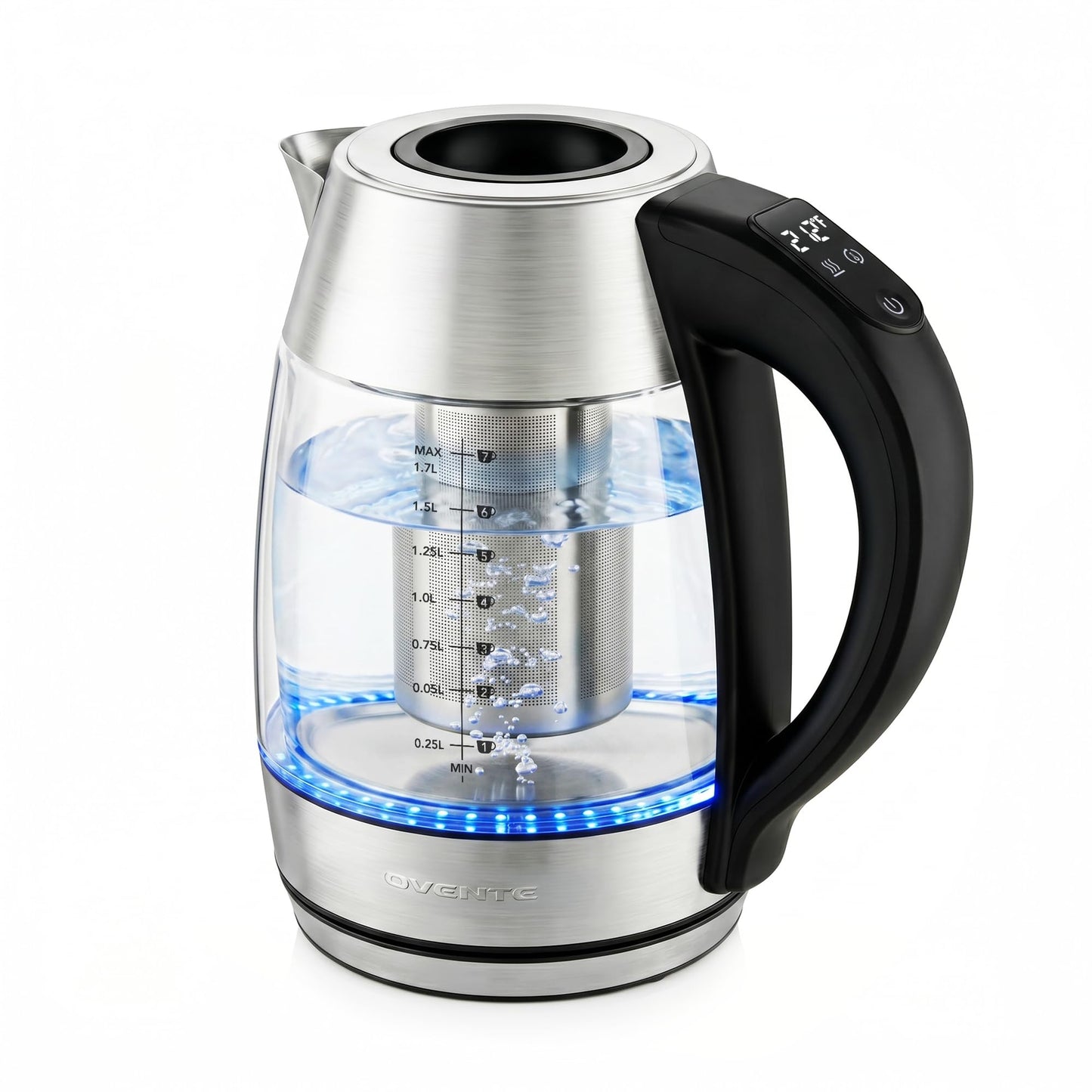OVENTE 1.7L Glass Electric Kettle with Tea Infuser, Silver KD68S