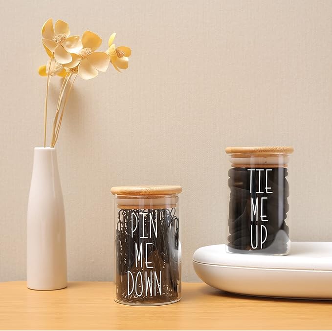 MOMEEMO Apothecary Jars with Lids for Bathroom Storage Organizer, Hair Tie Organizer & Bobby Pin Holder are Great for Bamboo Bathroom Accessories. (Hair Ties & Pins)