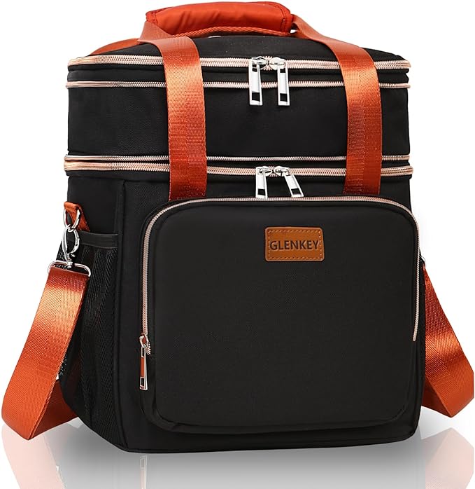 Expandable Insulated Lunch Box for Women Men, Double Deck Large Lunch Bag Tote Leakproof Lunch Cooler with Shoulder Strap for Adults Work Shift Outdoor Picnic Daytrip, (Black, 16L),GLENKEY