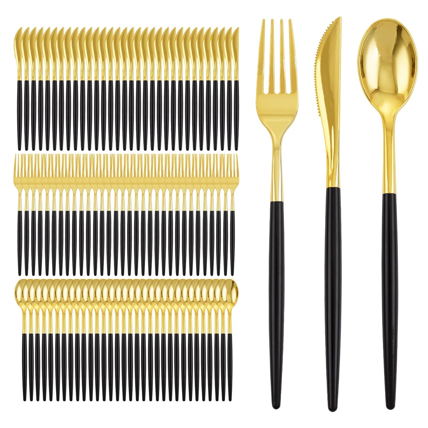 I00000 60 Pcs Black Plastic Cutlery Set, Gold Utensils with Black Handle