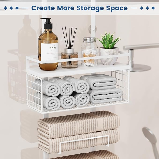 Towel Racks for Bathroom Over The Door Towel Racks Towel Storage Organizer with Metal Shelf Basket for Bathroom Rv Camper (7-Tier White)