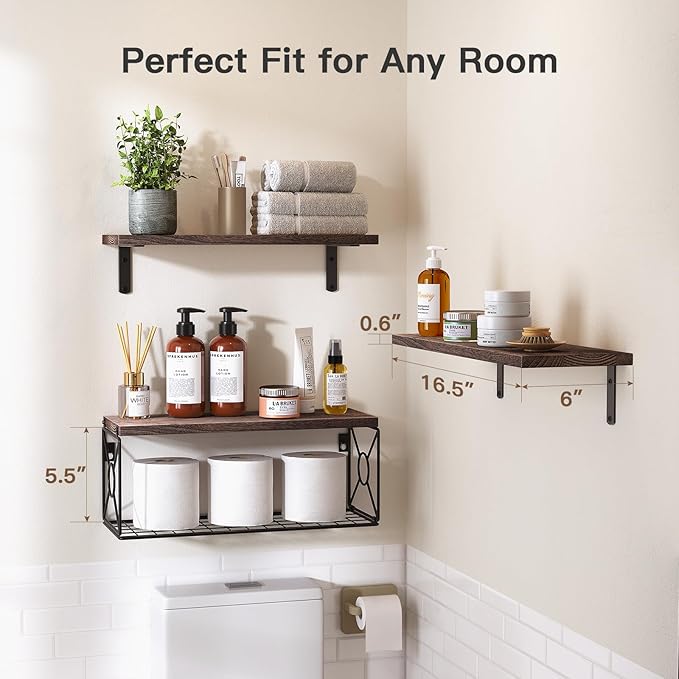 Amada Bathroom Shelves Over Toilet with Storage Basket, Floating Wall Shelf for Home Organization & Wall Decor, Bathroom/Kitchen/Living Room Shelves–Rustic Brown | with Storage Basket, Wall Decor, Bathroom, Kitchen, Living Room